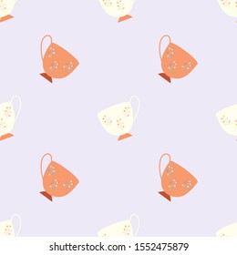 Simple seamless pattern with ivory and orange retro tea cups on lilac background. Endless design for textile, card, cover. Vector illustration.