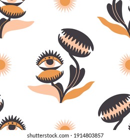 Simple seamless pattern with killer flower and stars. Flat mystic carnivore plant with eye. Boho abstract texture for textile, fabric, paper. Occult, esoteric concept. Black, orange and pink