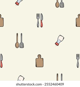 Simple seamless pattern with kitchen design, salt shaker, cutting board and kitchen utensils. Vector background for design of kitchen, cafe, restaurant, wrapping paper, print