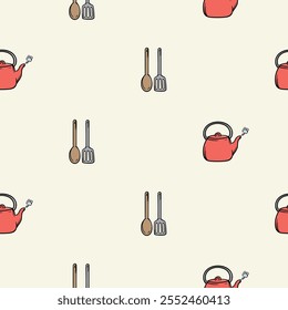 Simple seamless pattern with kitchen design, kitchen spatulas and kettle. Vector background for design of kitchen, cafe, restaurant, wrapping paper, print