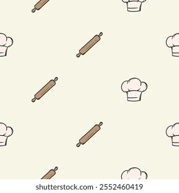 Simple seamless pattern with kitchen design, rolling pin and chef's hat. Vector background for design of kitchen, cafe, restaurant, wrapping paper, print