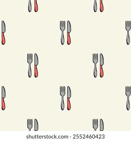 Simple seamless pattern with kitchen design, cutlery, fork and knife. Vector background for design of kitchen, cafe, restaurant, wrapping paper, print