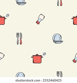 Simple seamless pattern with kitchen design, pots, plates, salt shaker and cutlery. Vector background for design of kitchen, cafe, restaurant, wrapping paper, print