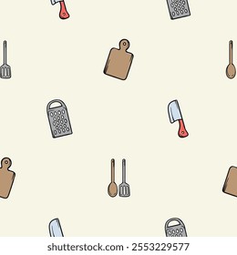 Simple seamless pattern with kitchen design, cutting board, knife, vegetable grater and kitchen spatulas. Vector background for design of kitchen, cafe, restaurant, wrapping paper, print