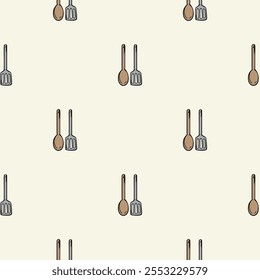 Simple seamless pattern with kitchen design and cutlery. Vector background for design of kitchen, cafe, restaurant, wrapping paper, print