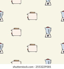 Simple seamless pattern with kitchen design and household appliances, toaster, blender. Vector background for design of kitchen, cafe, restaurant, wrapping paper, print