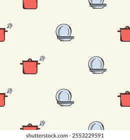 Simple seamless pattern with kitchen design, pots and plates. Vector background for design of kitchen, cafe, restaurant, wrapping paper, print