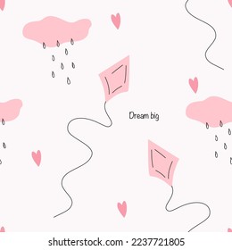 Simple seamless pattern with kites and clouds, vector illustration.