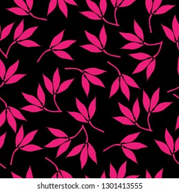 Simple seamless pattern of leaves . Vintage-inspired print. Colorful pink elements on black background.