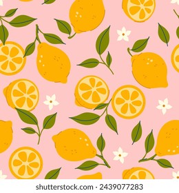 Simple seamless pattern with lemons on a pink background. Vector graphics.