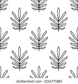 Simple seamless pattern with linear leaves. Black and white. Vintage, retro style texture for textile, fabric, home decor, wallpaper. Abstract bohemian line art background. Stylized florals