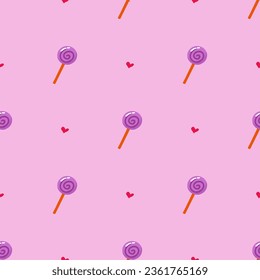 Simple seamless pattern with lollipop and hearts on pastel background. Valentine's day trendy concept. Hand drawn vector illustration for cover, stationary, wallpaper, prints, wrapping, textile