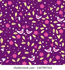 Simple seamless pattern with lovers, birds, leaves and flowers.
