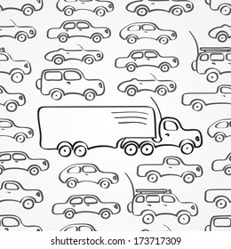 Simple seamless pattern made of gray abstract sketch cars