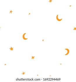 Simple seamless pattern with moon and stars on white background. Endless vector illustration