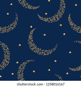 Simple seamless pattern with moons and stars for gift wrap, textile or book covers, wallpapers and scrapbook. Vector.