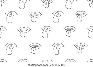 Simple seamless pattern with Mouth with Tongue sticking out. Crazy endless background. Groovy backdrop with Tongue. Vector illustration.