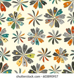 Simple seamless pattern with multicolored geometrical flowers on light background.  Funny holiday texture for congrats wrap, postcard, fabric. Autumn colors.