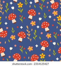 Simple seamless pattern with mushrooms and flowers. Vector graphics.