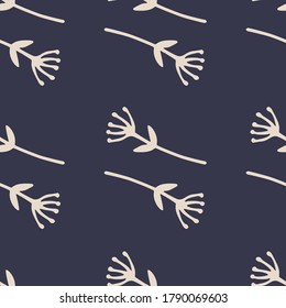 Simple seamless pattern with naivy blue background and white floral elements. Stylized creative artwork. Decorative print for wallpaper, wrapping paper, textile print, fabric. Vector illustration.