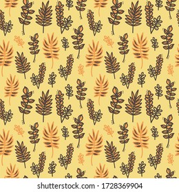 Simple seamless pattern with natural minimalistic elements. Ornament of grass and leaves. For packaging, fabrics, curtains or bedding. EPS 10
