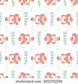 A simple seamless pattern with a nautical theme. Fish clown. Vector.