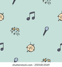 Simple seamless pattern with notes, disco ball, fireworks and microphone. Hand drawn holiday vector illustration. Endless background for gift paper, print