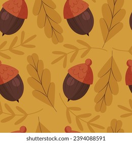 Simple seamless pattern with oak yellow leaves and acorns, seasonal hand drawn background in flat design