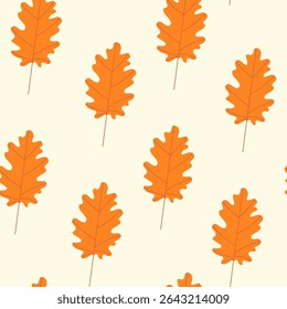 A simple seamless pattern of oak yellow leaves on a light coloured background. Can be used as a print on fabric, as packaging and much more Autumn-themed vector illustration
