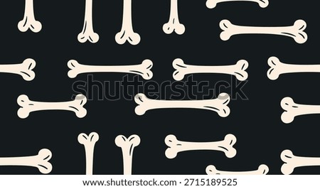 Simple seamless pattern of off-white cartoon bones scattered on a solid black background for a bold, graphic look. Perfect for Halloween or pet-themed projects.