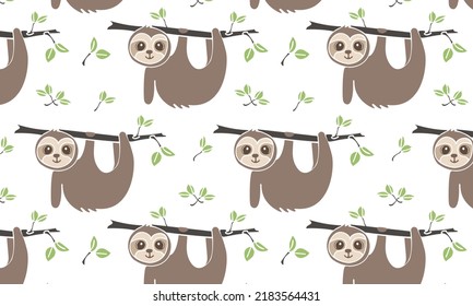 A simple seamless pattern on a transparent background with the image of a cute sloth on a branch