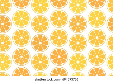 Simple seamless pattern, orange oranges or tangerines on a white background. For your business projects for web or print. Cut slices of orange and citrus