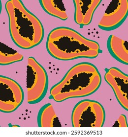 Simple seamless pattern with papaya on a pink background. Vector graphics.