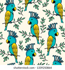 Simple seamless pattern with parrots. Hand-drawn vector illustration with a bird on the branch.  Exotic background