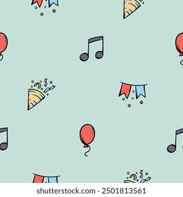 Simple seamless pattern with party attributes, notes, flags, balloon. Hand drawn holiday vector illustration. Endless background for gift paper, print