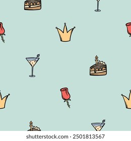 Simple seamless pattern with party supplies, rose, cocktail, crown and birthday cake. Hand drawn holiday vector illustration. Endless background for gift paper, print