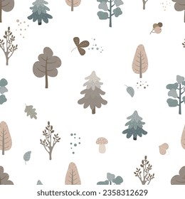 Simple seamless pattern in pastel colors with abstract trees, mushrooms and berries on a white background. Design for wrapping paper, wallpaper, fabric, textile