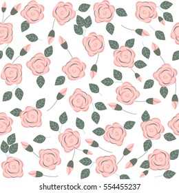 Simple seamless pattern with pink roses on white background. Vector illustration.