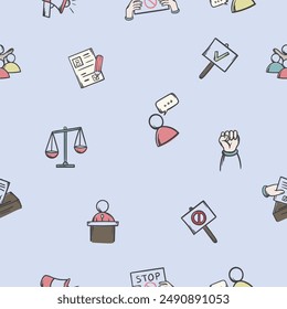 Simple patrón sin fisuras con iconos políticos y sociales. Señales y símbolos dibujados a mano relacionados con elecciones, debates, carreras. Vector fondo editable para la decoración, diseño, Anuncio