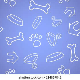 Simple seamless pattern with puppy footprints and dog stuff. Vector background.