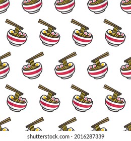 Simple seamless pattern of ramen bowl colored cartoon style illustration background template vector