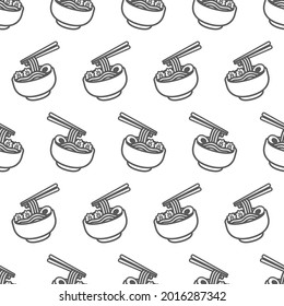 Simple seamless pattern of ramen bowl black line art cartoon style illustration background template vector