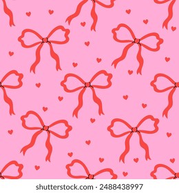 Simple seamless pattern with red bows and hearts on a pink background. Vector graphics.