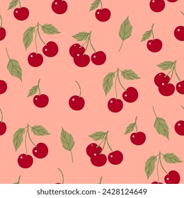 Simple seamless pattern with red cherries on a beige background. Vector graphics.