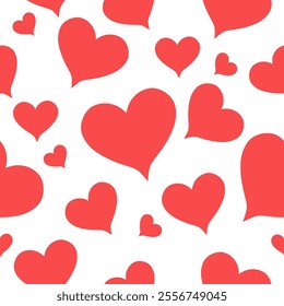 A simple seamless pattern of red hearts of different sizes on a white background.Vector pattern for Valentine's day holiday designs,backgrounds,textiles,wrapping paper.