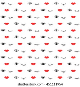 Simple seamless pattern with red lips and open and closed eyes. Vector illustration background for design of the web site or print wrapping paper