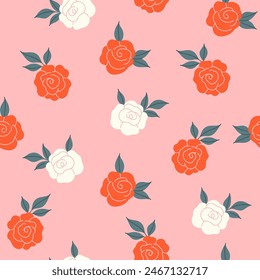 Simple seamless pattern with red and white roses on a pink background. Vector graphics.