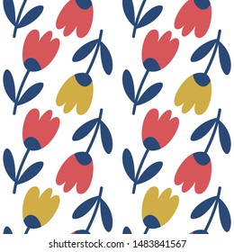 Simple seamless pattern with red and yellow tulips. Vector illustration on white background.