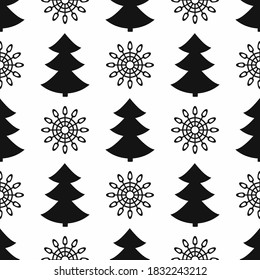 Simple seamless pattern with repeated silhouettes of snowflakes and Christmas trees. New year vector illustration.