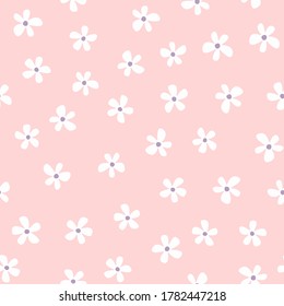 Simple seamless pattern with repeated white flowers on pink background. Cute floral vector illustration.